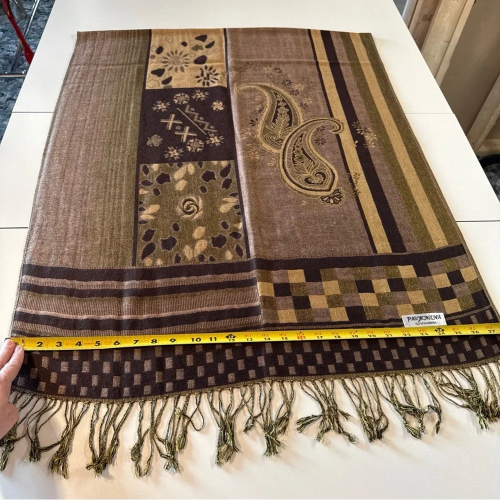 Pashmina Scarf Wrap Shawl Throw Brown Paisley Checkerboard Stripe Fringe 28